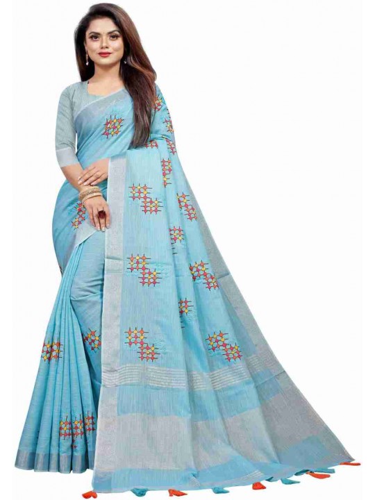 Embroidered, Floral Print Bollywood Cotton Linen Saree(Sky Blue)