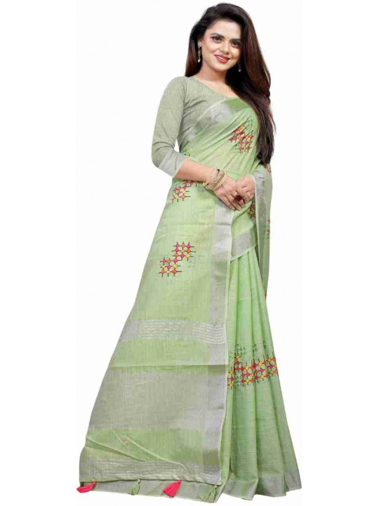 Embroidered, Floral Print Bollywood Cotton Linen Saree  (Green)