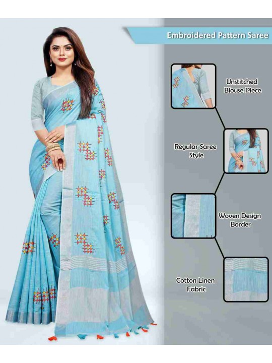 Embroidered, Floral Print Bollywood Cotton Linen Saree(Sky Blue)