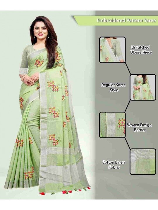 Embroidered, Floral Print Bollywood Cotton Linen Saree  (Green)